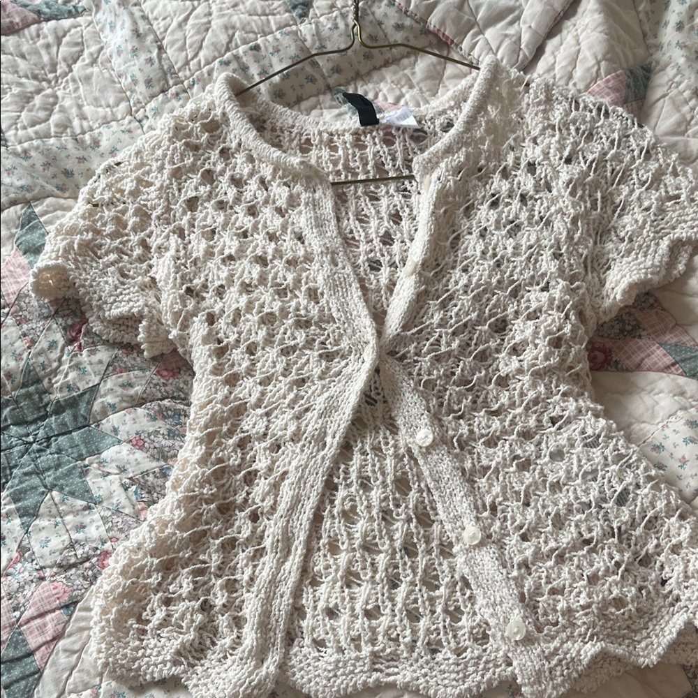 H&M Openwork Crochet Short-Sleeve Cardigan - Cream